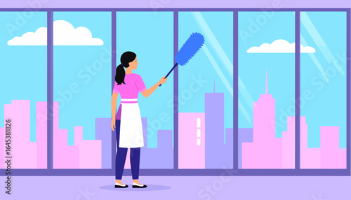 Domestic service concept of a female housekeeper cleaning a panoramic window with a duster, overlooking a modern city skyline.