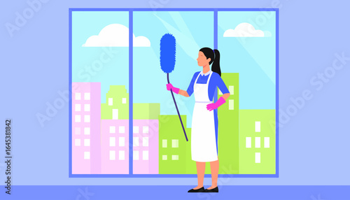 Professional cleaner from a janitorial service tidies a modern office window with a duster, overlooking a cityscape.