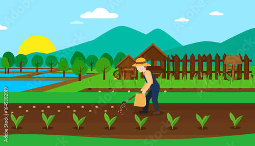 Farmer in a straw hat watering young plant sprouts in a cultivated field. Rural agriculture landscape with a farmhouse, mountains, and a rising sun.
