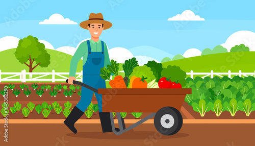 Male farmer pushing a wheelbarrow filled with fresh organic vegetables from the harvest