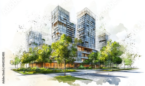 Sustainable development project sketch featuring green buildings and trees. Urban planning with a focus on green space, energy efficiency, and reduced carbon footprint, Generative AI