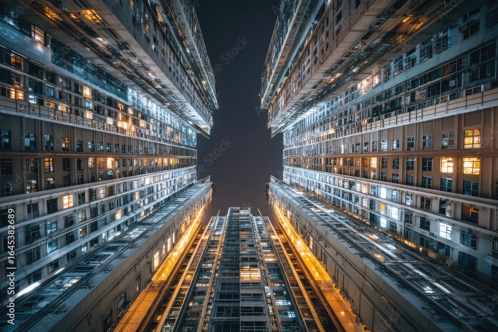 Fototapeta premium Night-time low-angle shot of two towering apartment buildings, their numerous illuminated windows creating a vibrant, vertical cityscape under a dark sky