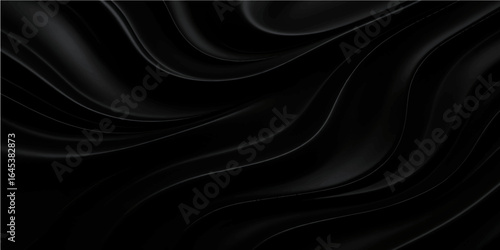 Black satin and silk fabric background with smooth flowing texture and luxurious waves