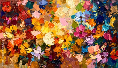 鮮やかな抽象花柄油彩画