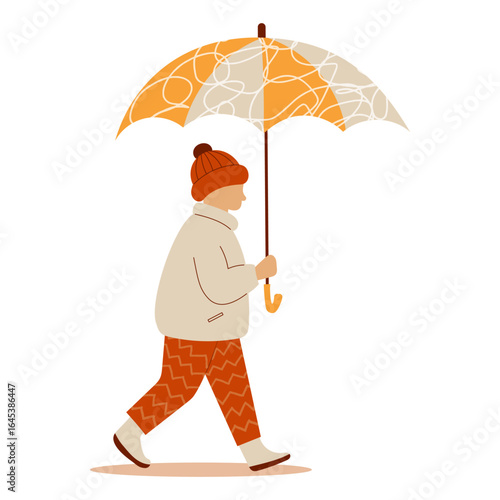 Autumn Child with Umbrella. Seasonal Kids character on white background. Fall time. Vector illustration. Not AI