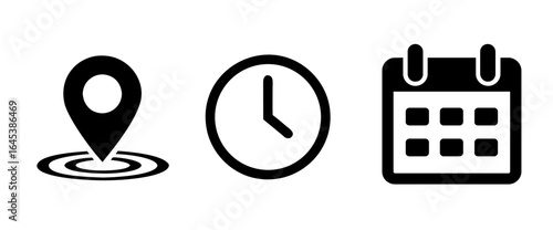 Date, Time & location pin vector icon set. Map marker, clock, calendar event icons.