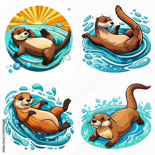 Delightful cartoon otters swimming and playing in the water. These adorable aquatic animals bring joy and fun to any project. Perfect for children's designs!