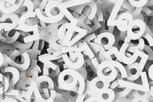White paper cutouts of numerical digits randomly oriented and scattered. Illustration of the concept of figures, mathematics, statistics and data analysis