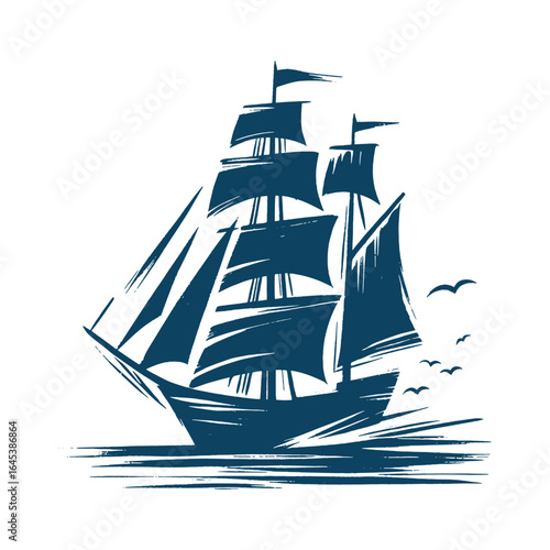 Sailing ship brush stroke engraving style vector illustration