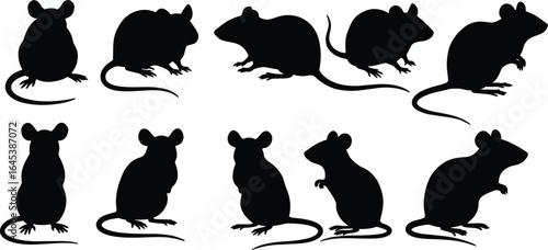 Collection of black mouse and rat silhouettes in various poses, rodent vector illustration set for animal, wildlife, and pest control projects.