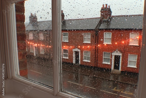 Rainy day view of a street with terracotta houses and orange lights