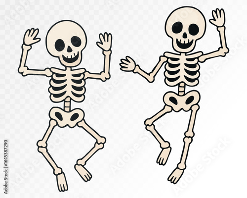 Playful watercolor Halloween skeleton duo dancing with joy, perfect for spooky party invitations and festive designs. Vector illustration.