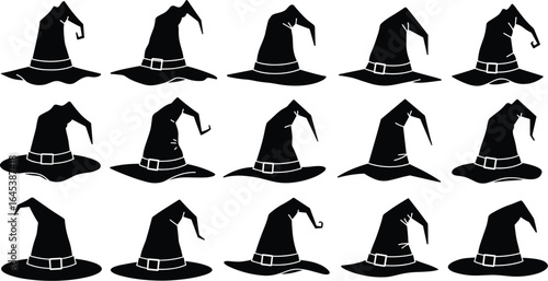 Set of various black witch hat silhouettes with buckles, Halloween vector illustration collection for spooky holiday decorations and magical projects.