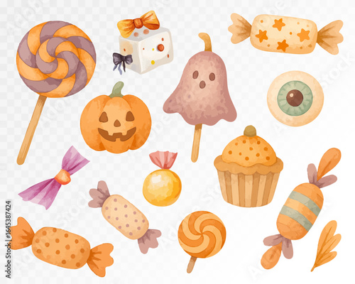 Cozy watercolor Halloween treat set with cupcakes, lollipops, pumpkins, and candies in warm seasonal tones. Vector illustration.