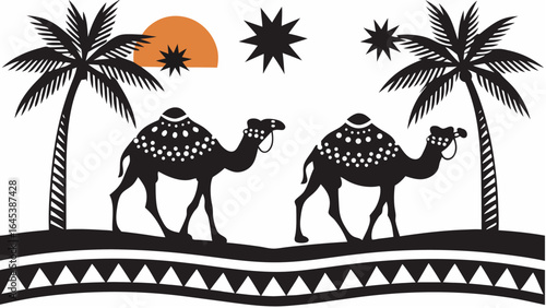 Two camels walking in the desert with palm trees sun and stars in black and white illustration style |  editable eps vectors silhouette