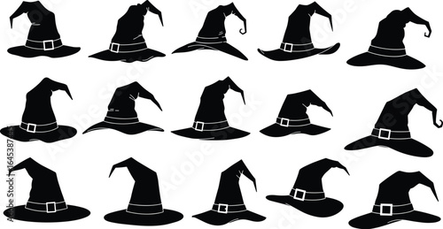 Set of various black witch hat silhouettes with buckles, Halloween vector illustration collection for spooky holiday decorations and magical projects.