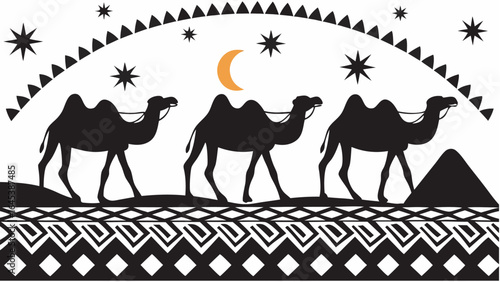 Silhouette of three camels walking under stars and moon with decorative border and tribal pattern |  editable eps vectors
