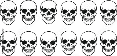 Set of various human skull illustrations with open and closed jaw in black and white, vector for tattoo design and spooky projects.