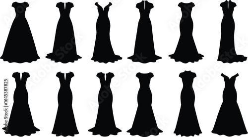 Collection of elegant black evening and wedding dress silhouettes in various styles, fashion vector illustration set for design projects.