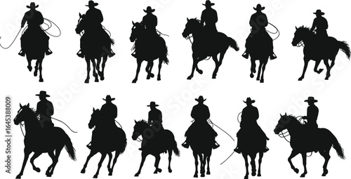 Set of cowboy and cowgirl silhouettes on horseback in various action poses with lasso, wild west vector illustration pack on white.