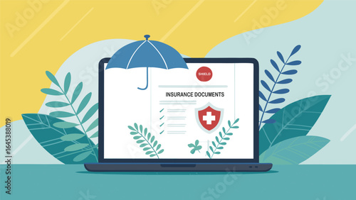 Laptop displaying health insurance document with a red cross and a yellow umbrella protection concept