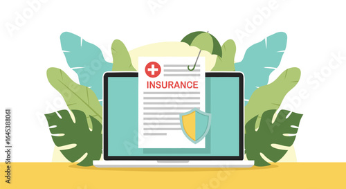 Laptop displaying health insurance document with a red cross and a yellow umbrella protection concept