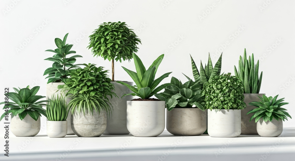 Fototapeta premium Collection of Diverse Green Potted Plants on White Surface