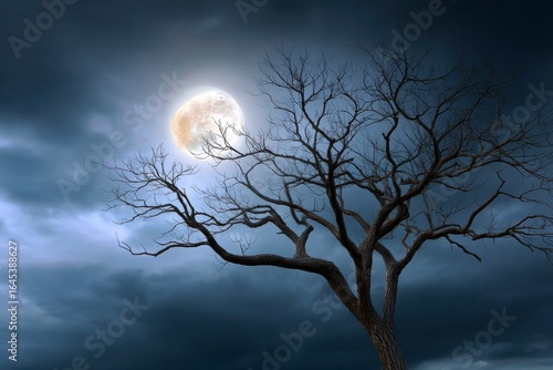 Bare tree silhouetted against a moonlit stormy night sky