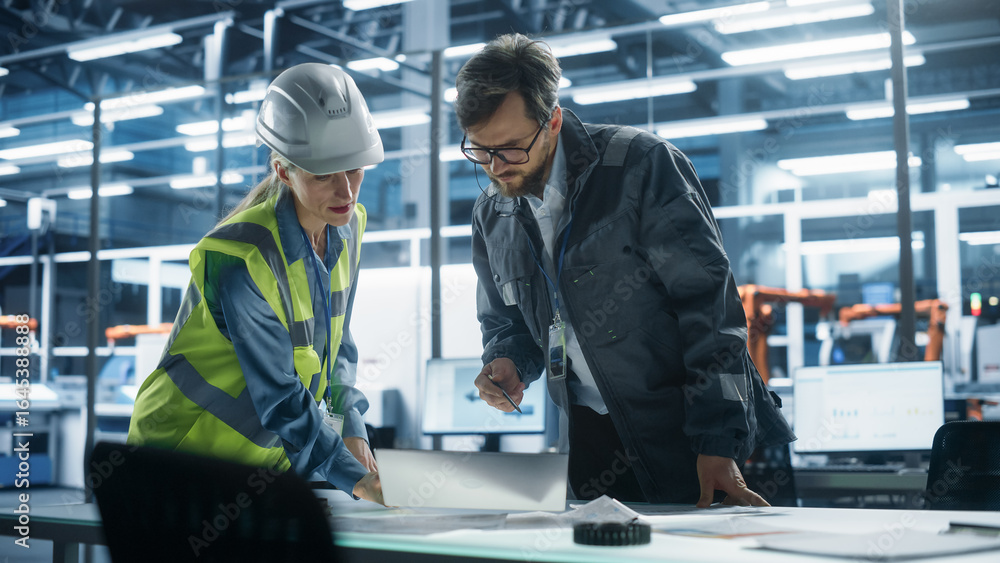 Fototapeta premium Two Caucasian Industrial Engineers Working in Office at Factory. Female Designer Shows Electric Engine Project On Laptop Computer to Male Colleague. Work At Autonomous Facility With Robotic Arms