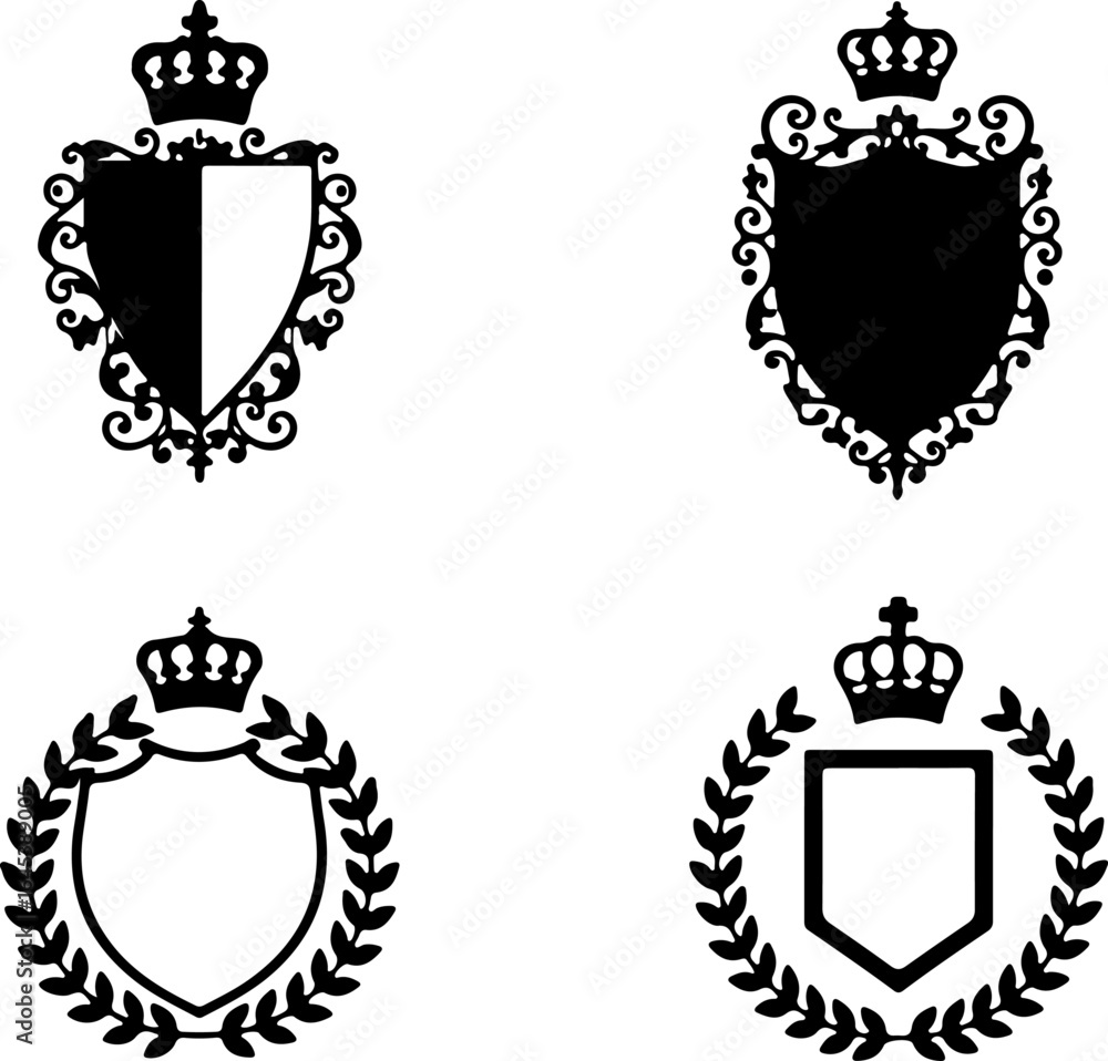 Obraz premium Royal Heraldic Shields with Crowns and Laurel Wreaths – Crest Emblem Vector Set