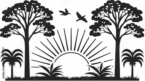 Silhouette of trees birds and rising sun with plants and grass in a nature scene black and white design |  editable eps vectors