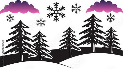 Illustration of winter landscape with trees, snowflakes, and clouds in black, white, and purple colors |  editable eps vectors silhouette