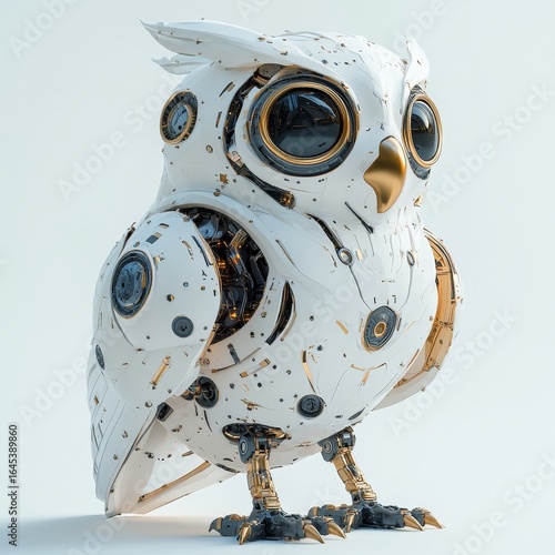 Charming owl robot, a whimsical robotic bird isolated over a white background. 3D rendering, Generative AI