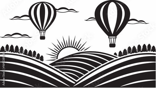 Illustration of hot air balloons over rolling hills with trees and a rising sun in black and white style |  editable eps vectors silhouette