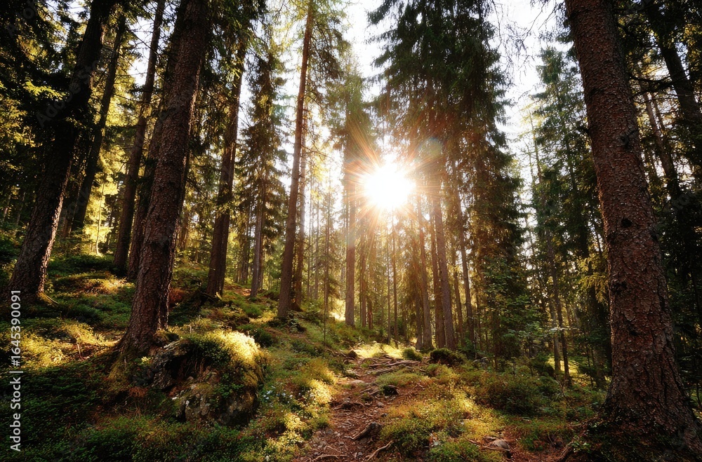 Fototapeta premium Sunlight streams through a dense forest