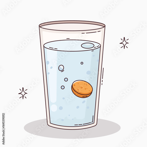 Glass of Water with Effervescent Tablet Dissolving at Bottom, Bubbles Rising. 
Effervescent Tablet Dissolving in Glass of Water. illustration, hand drawn style, 
isolated on white background. 