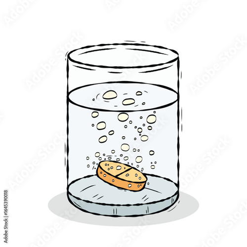 Glass of Water with Effervescent Tablet Dissolving at Bottom, Bubbles Rising. 
Effervescent Tablet Dissolving in Glass of Water. illustration, hand drawn style, 
isolated on white background. 