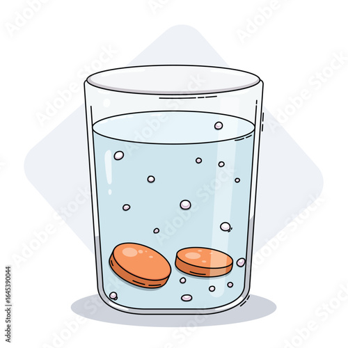 Glass of Water with Effervescent Tablet Dissolving at Bottom, Bubbles Rising. 
Effervescent Tablet Dissolving in Glass of Water. illustration, hand drawn style, 
isolated on white background. 