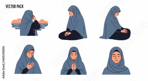 Diverse Poses of Woman Wearing Hijab, Demonstrating Prayer, Reflection, and Devotion, Suitable for Islamic Culture and Religious Observance Illustrations