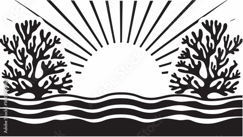 Black and white ocean scene with sun rays, coral, and waves creating a serene underwater landscape |  editable eps vectors silhouette