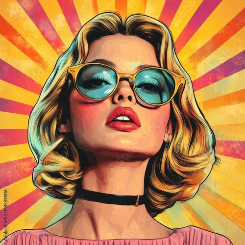Pop art retro style featuring a young blonde woman on a vibrant, colorful background. 3D rendering, Generative AI