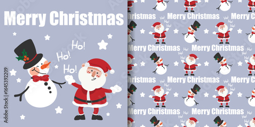 Christmas holidays banner and seamless pattern of Santa Claus and snowman wearing black hat decorated with Holly berries on light gray background with stars and Merry Christmas text.