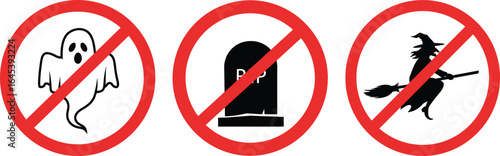 No Halloween symbols forbidden ghost tombstone witch prohibition warning signs