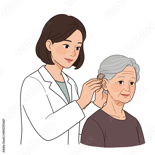 Hearing Care Illustration: A compassionate medical professional gently assists an elderly individual with a hearing aid, showcasing empathy and a commitment to improved auditory health.