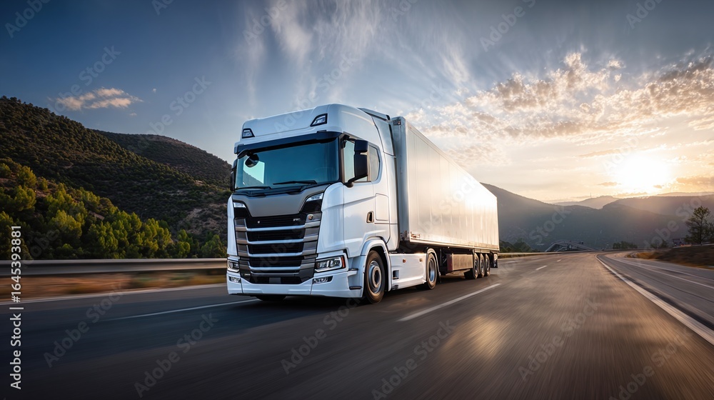 Obraz premium white modern semi-truck driving on a highway
