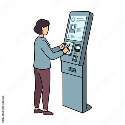 Woman Interacting with a Kiosk: A woman interacts with a modern touchscreen kiosk, highlighting technological innovation and accessibility in public spaces. The image focuses on ease of use.