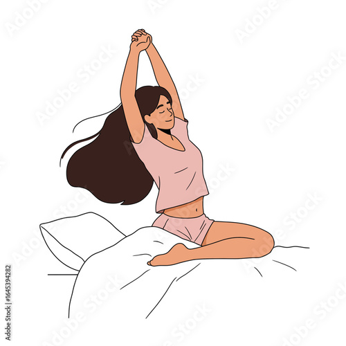 Morning Stretch: An illustration of a woman waking up after a good night's sleep, gently stretching to welcome the start of the day.
