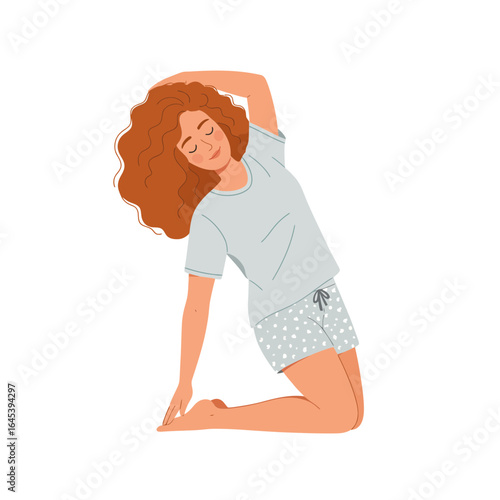 Morning Stretch: An illustration of a woman enjoying a quiet, morning routine stretch. The focus is on mindfulness and healthy living.