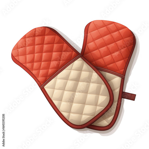 A pair of red and beige oven mitts flat