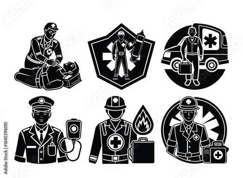 Emergency Services Professionals and First Responders in Stylized Icon Designs Collection